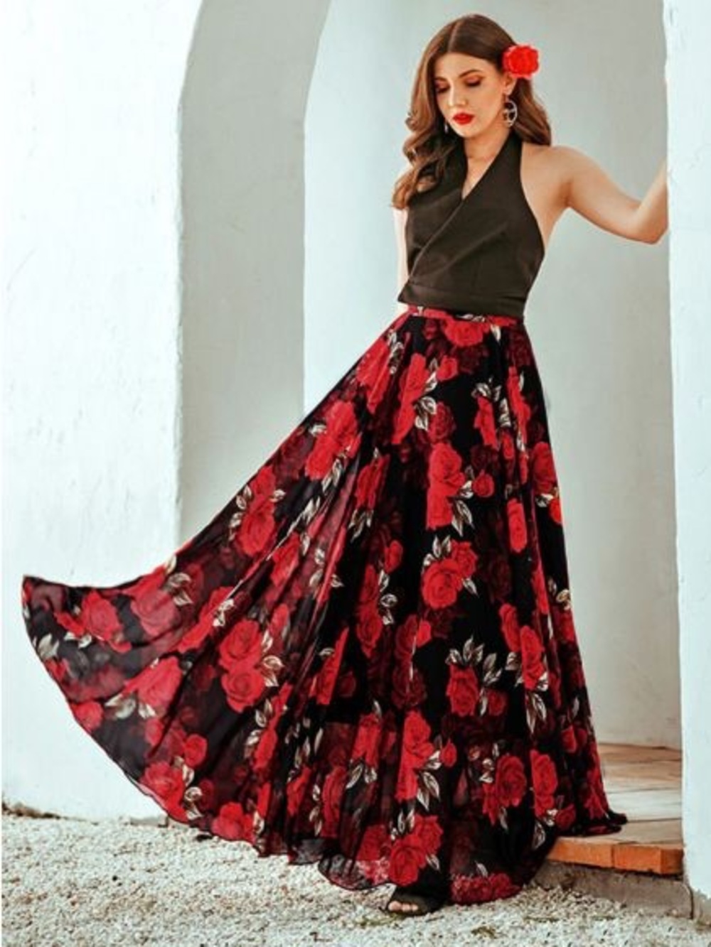 Chicwish Red Black Floral Rose Timeless Favorite Chiffon Maxi Skirt Chic Wish S